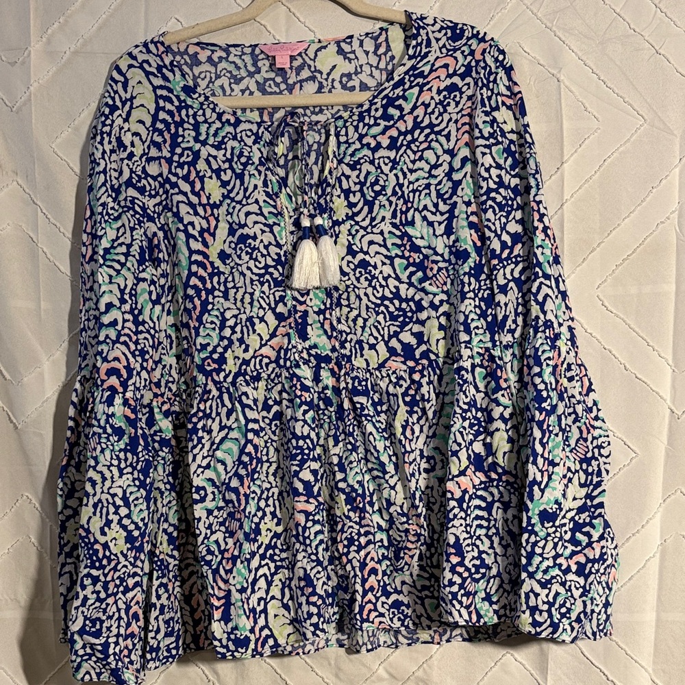 Lilly Pulitzer Vibrant Blue and Pink Blouse with Tassels